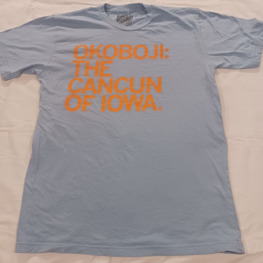 Okoboji The Cancun of Iowa T-Shirt L Mens Blue Orange Humorous Graphic Tee